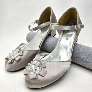 American Eagle Girls Dress Shoes Satin Ankle Strap Bow & Rhinestones Size 2 jj36